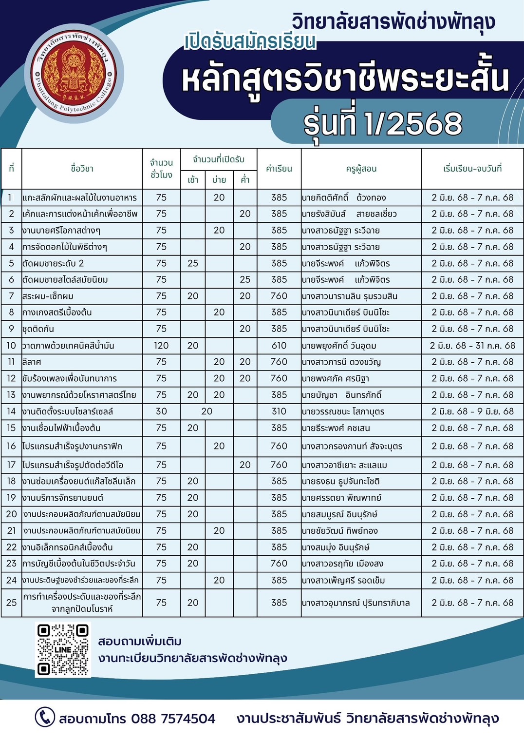 ตารางเปิดรับสมัครเรียน รุ่นที่1/2568